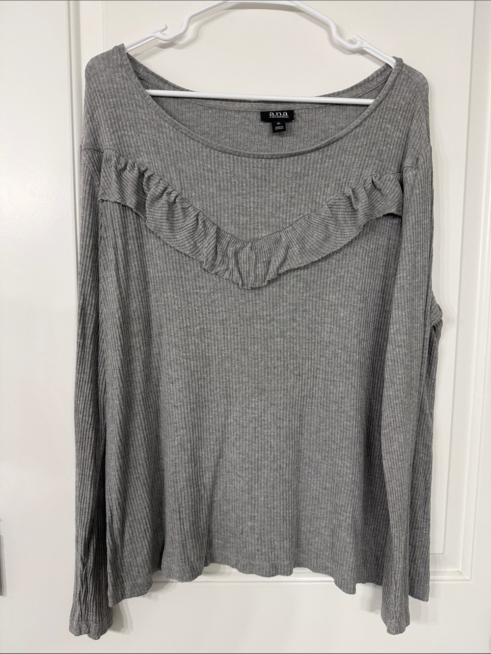 a.n.a Gray Ribbed Long-Sleeve Top with Ruffle V-Detail